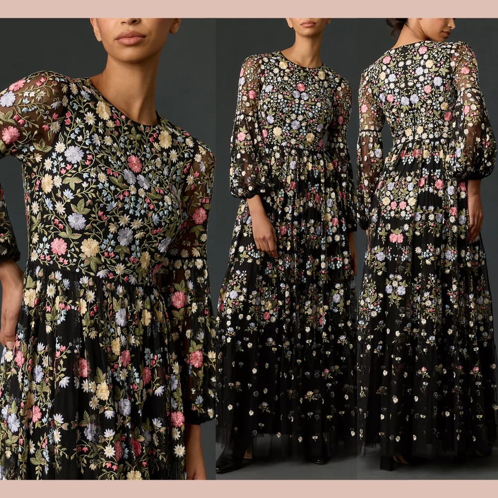 NWT‎ Mac Duggal [ 6 ] 35161 Floral Embroidered Blouson Sleeve Gown Black #S1966